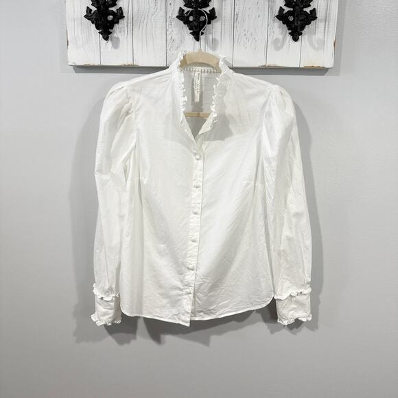 Anthropologie Tops - Anthropologie White Ruffle Button Down Shirt | Size 4